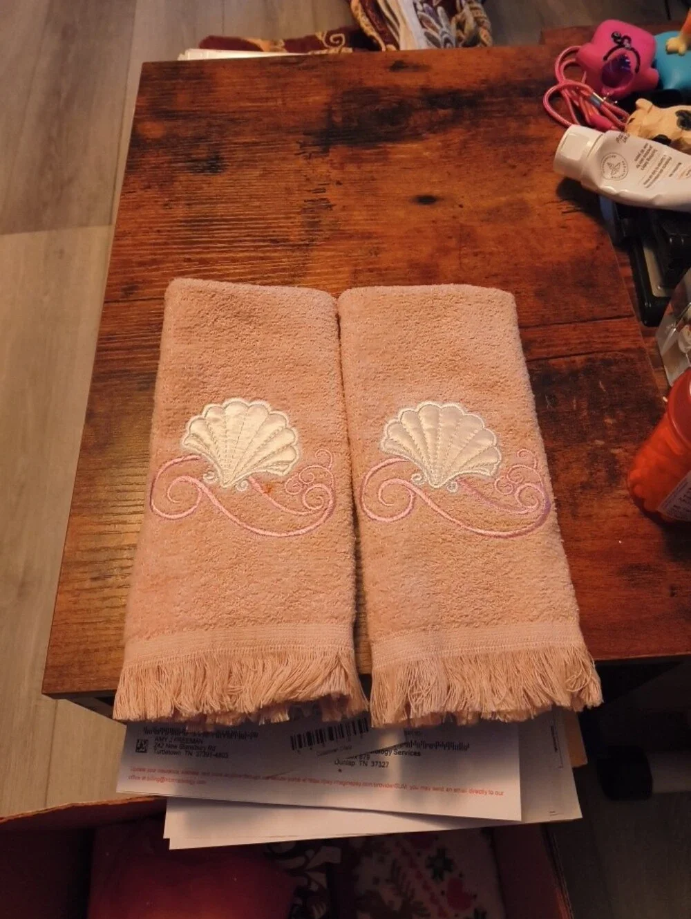 Embroidered Seashell Hand Towels - Blush Pink (Pair)